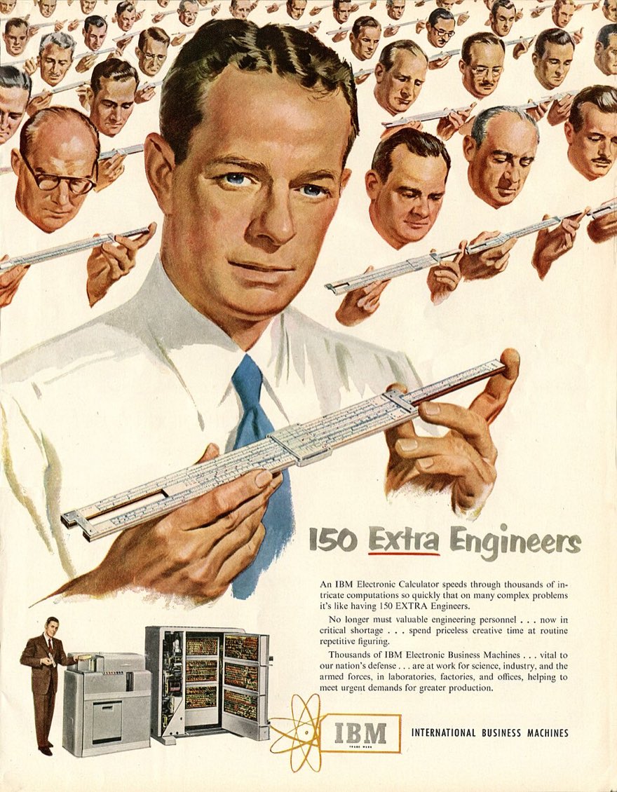 IBM magazine advertisement showing rows of engineers holding slide rules, headlined 150 Extra Engineers