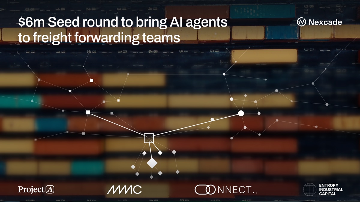 Announcement image, wide crop: the headline $6m Seed round to bring AI agents to freight forwarding teams over a container terminal, with investor logos.