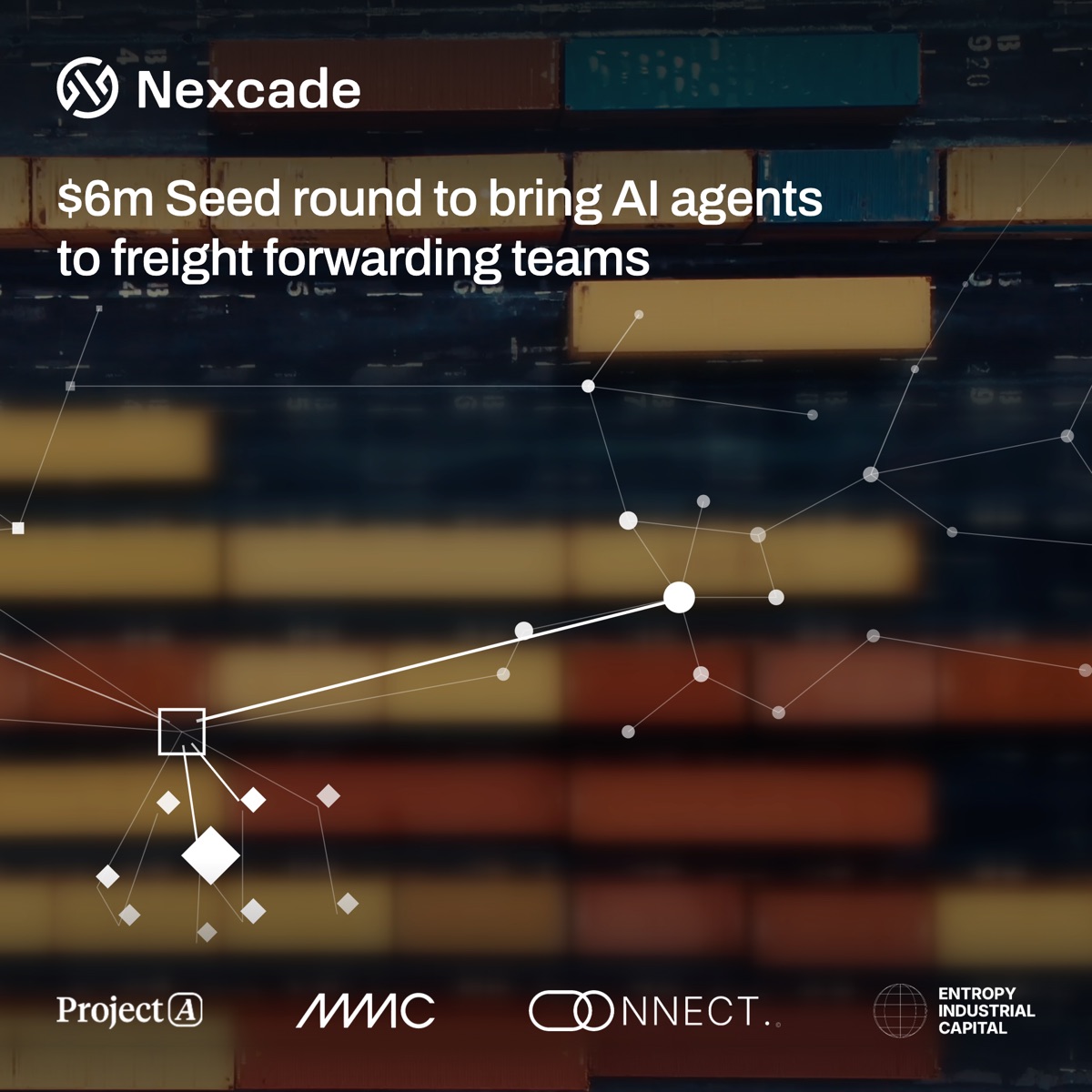 Announcement image, square crop: the headline $6m Seed round to bring AI agents to freight forwarding teams over a container terminal, with investor logos.