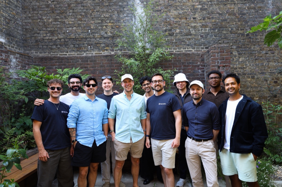 The Nexcade team standing together in a walled garden in London.